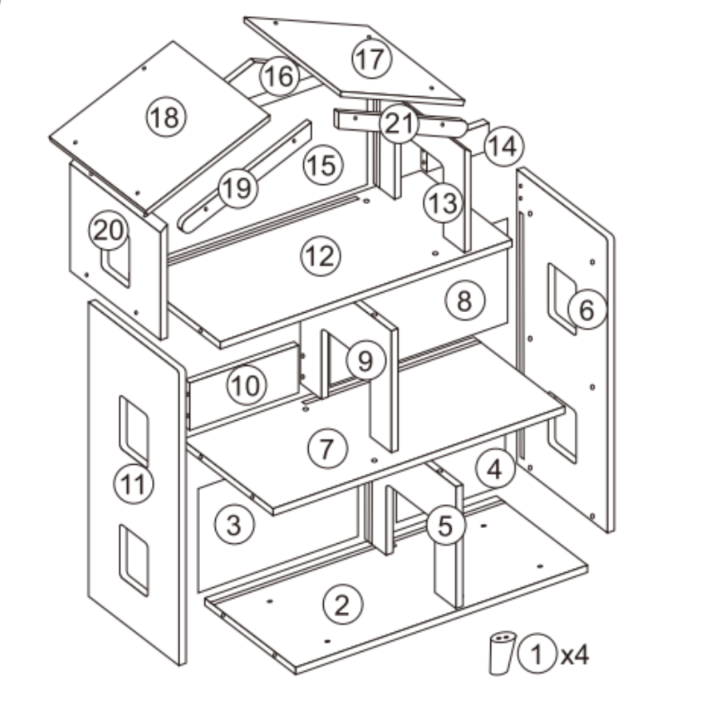Diagram displaying all numbered wooden panels and components required for assembly of the kids toy storage cabinet.