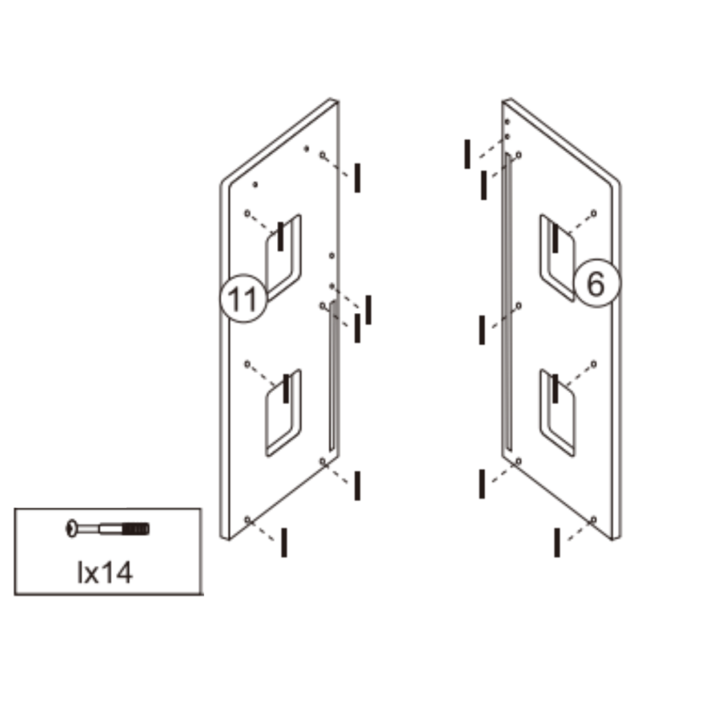 Visual showing dowels inserted into the pre-drilled holes of left and right side panels for stable connections.