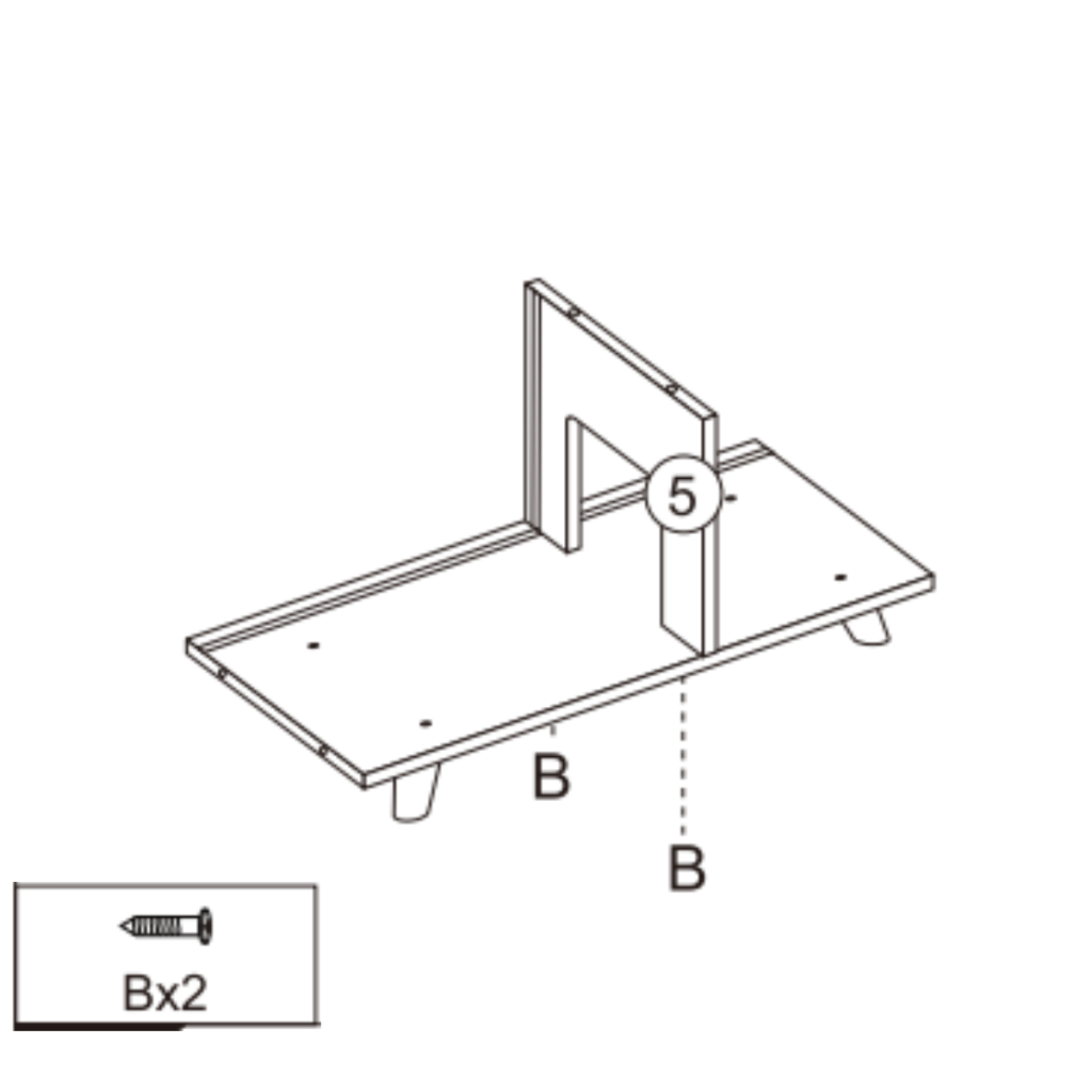 Visual of bottom panel 2 and divider 5 connected with screws (B×2) to form the base section of the cabinet.