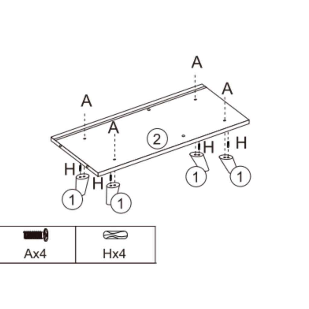 Visual of bottom panel 2 with four angled legs attached using hinges and screws for cabinet base stability.