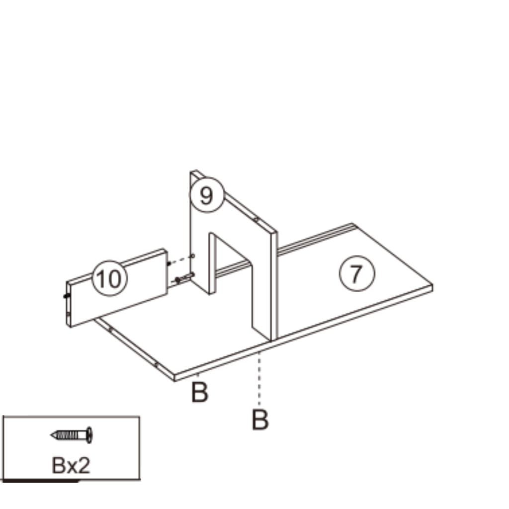 Illustration of middle shelf panel 7 with divider 9 and front panel 10 attached using two screws for structural support.