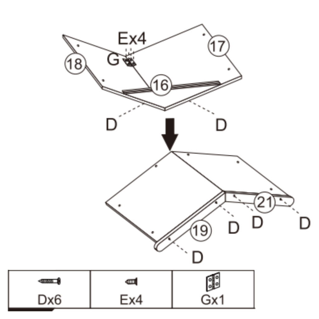Diagram showing roof panels 16, 17, 18, 19, and 21 connected with screws and bracket to form the cabinet’s angled top.