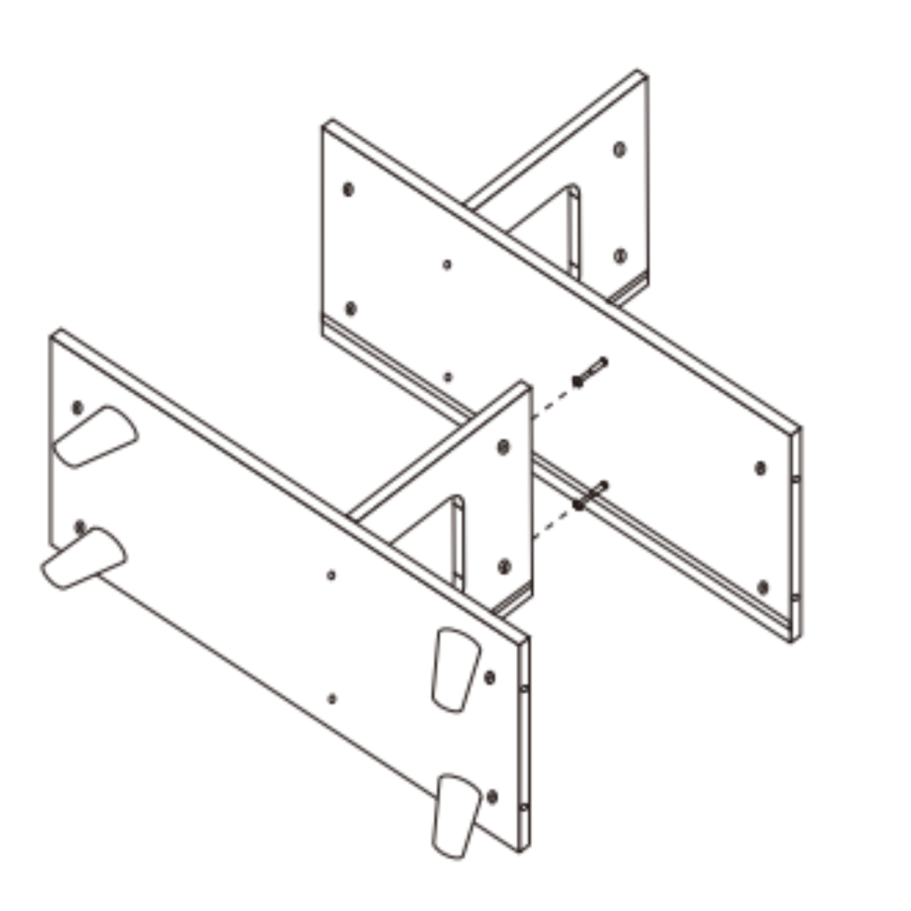Diagram displaying side panels attached to the lower divider using screws to form the cabinet’s base frame.