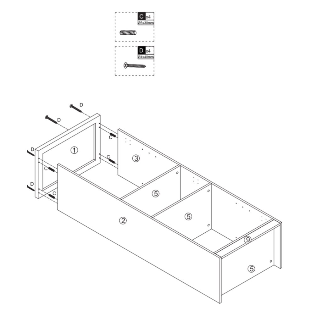 Cabinet assembly diagram connecting side panel with screws and dowels