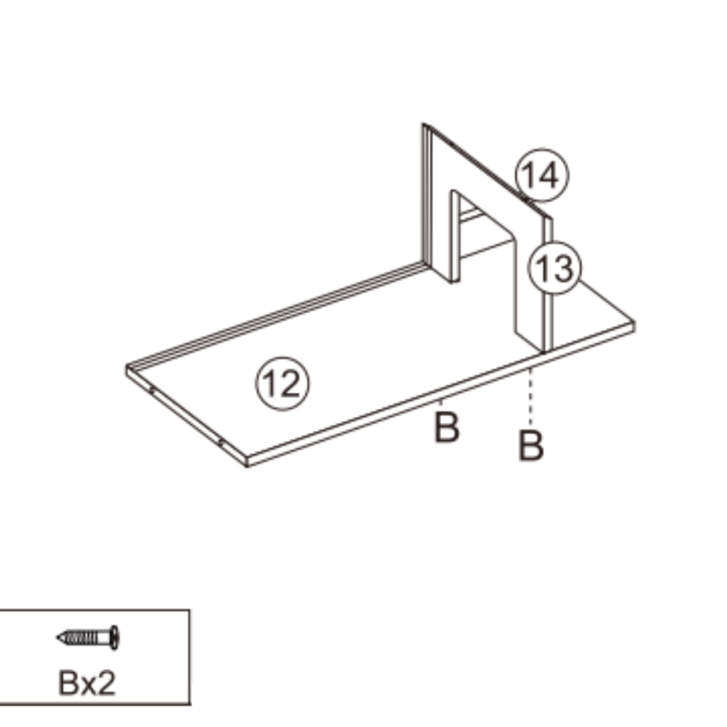 Illustration of panels 12, 13, and 14 being joined with screws to create the upper divider assembly for the cabinet.