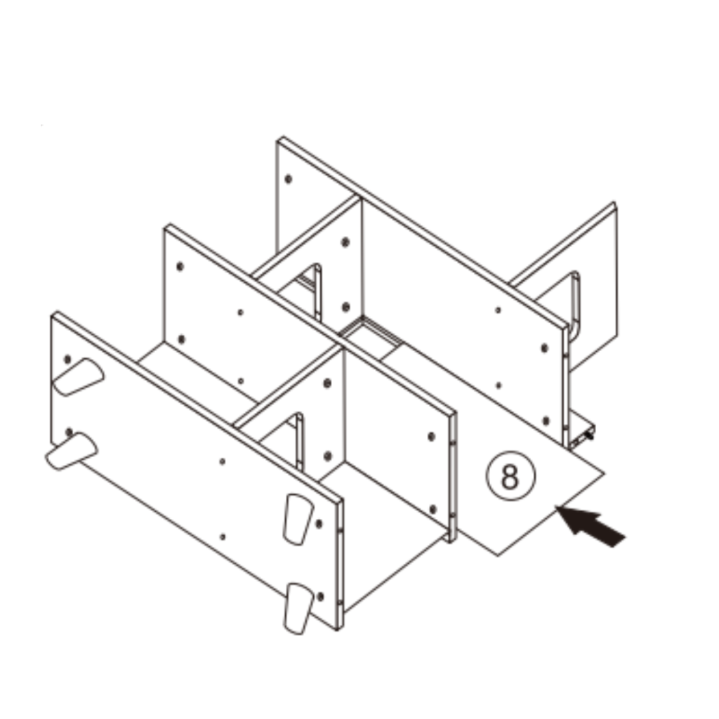 Diagram showing panel 8 being slid horizontally between the upper and lower assemblies to strengthen the middle section.