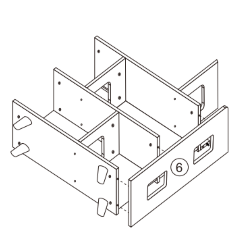 Visual showing right side panel 6 aligned and secured to the assembled cabinet using dowels and pre-drilled connectors.