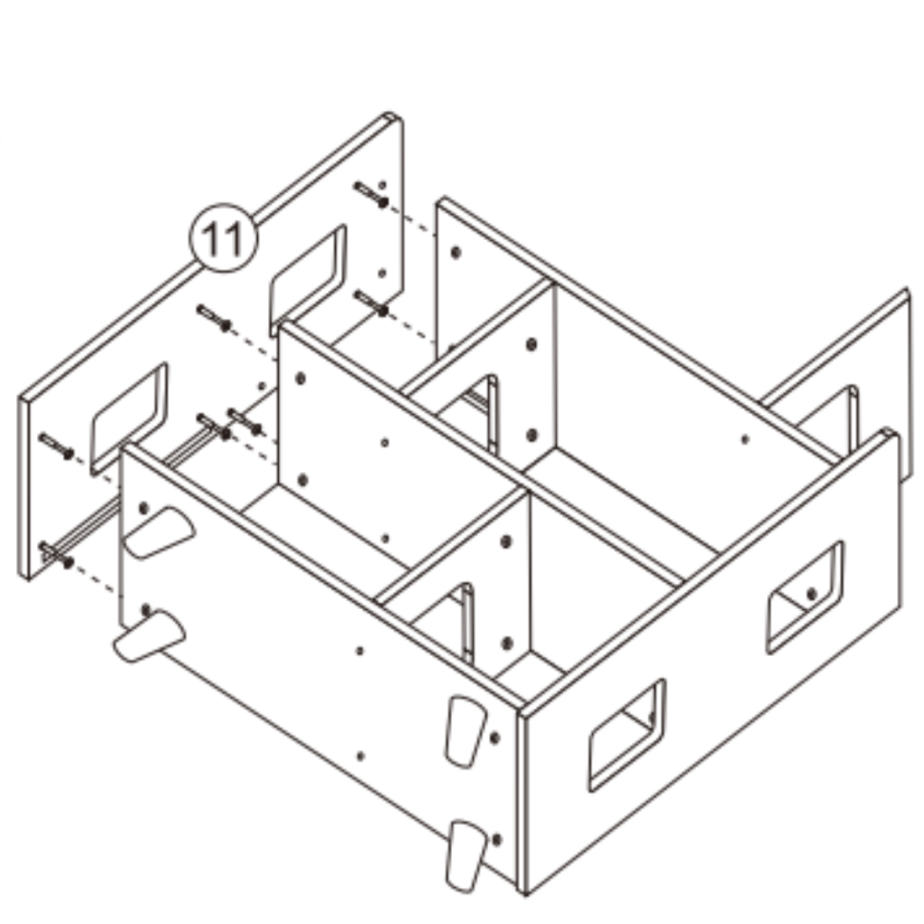 Diagram showing left side panel 11 being connected to the cabinet frame with screws through pre-drilled alignment holes.