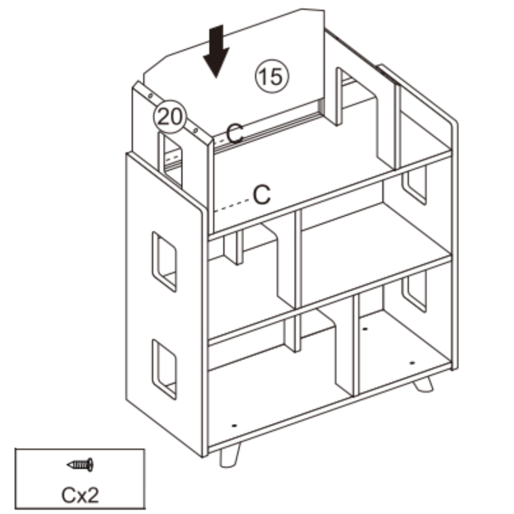 Diagram showing panel 15 and 20 being fitted and secured with screws to complete the cabinet’s back and top reinforcement.