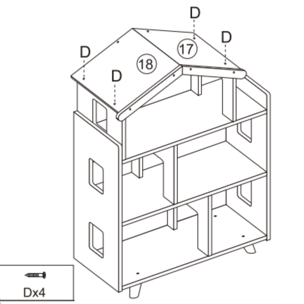 Diagram showing roof panels 17 and 18 secured with screws (D×4) to complete the cabinet’s top structure.