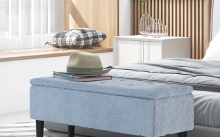 Modern bedroom with upholstered storage ottoman bench near bed