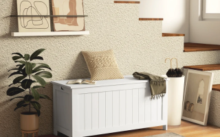 White HOMCOM storage trunk placed under staircase décor
