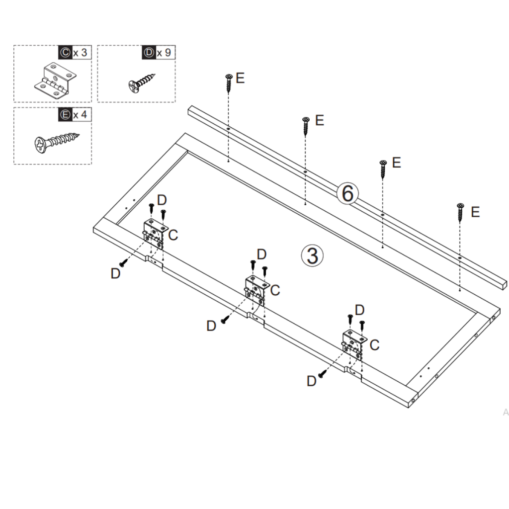 Attaching three hinges and support bar to top panel