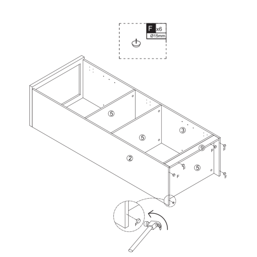Instruction diagram inserting wooden dowels into cabinet side panels