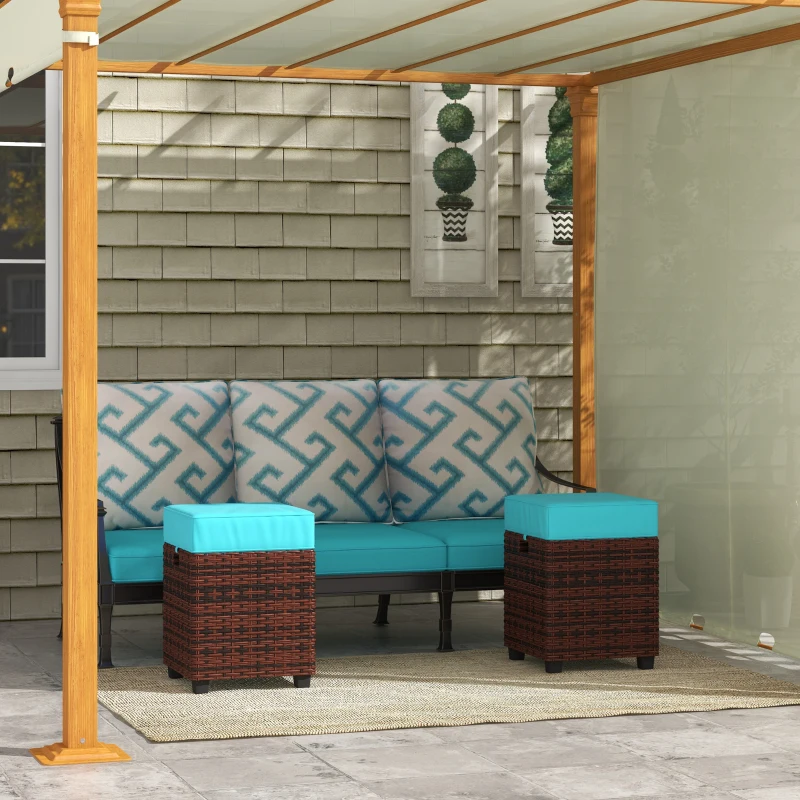 Outdoor wicker ottoman set with sky blue cushions under pergola