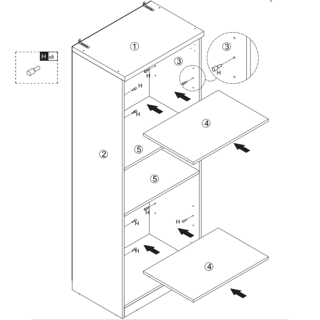 Cabinet assembly diagram inserting adjustable shelves with shelf supports