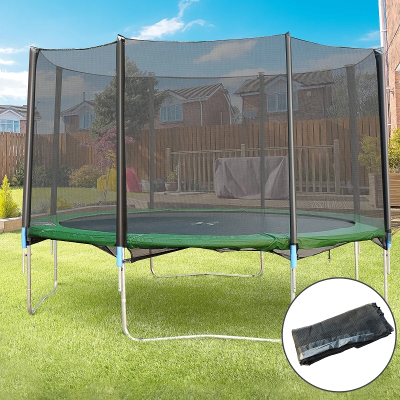 Large green trampoline with tall safety enclosure net in backyard
