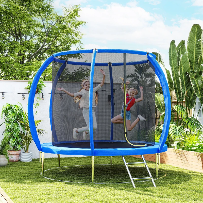 Two children jumping on large blue trampoline with curved poles outdoors