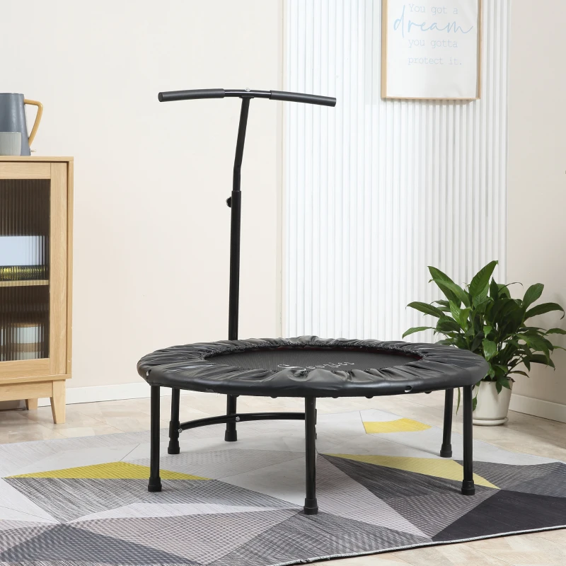 Compact black indoor exercise trampoline with adjustable T-bar handle