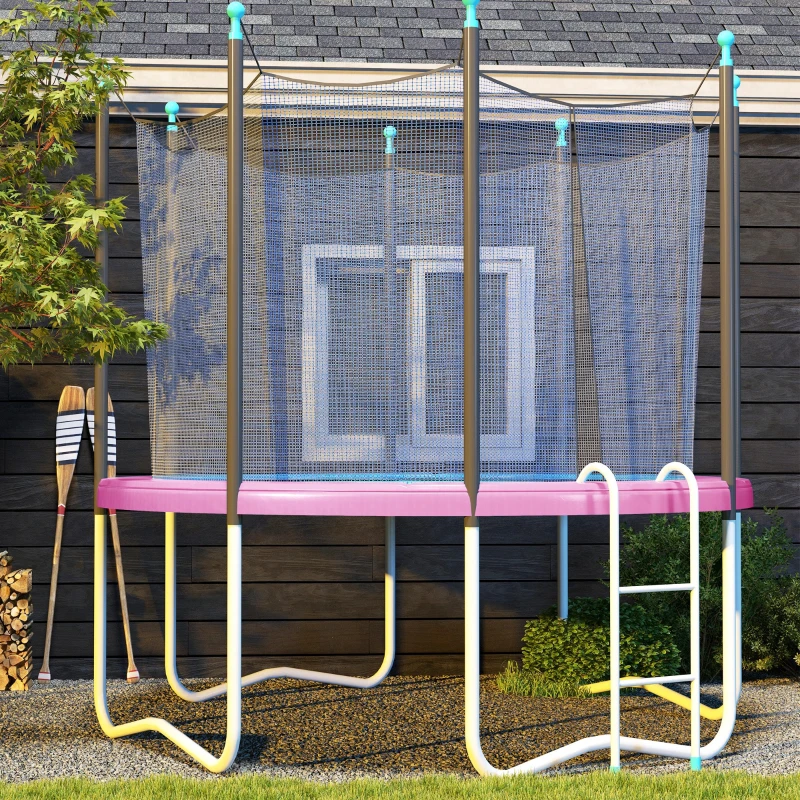 Pink trampoline with protective spring cover and safety ladder outside