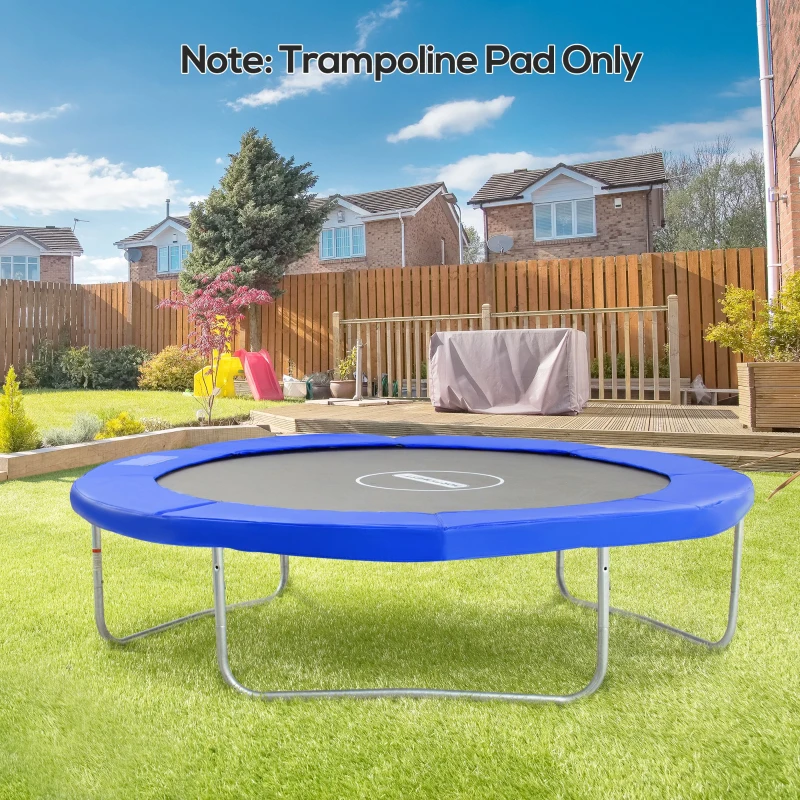 Blue trampoline pad cover on outdoor trampoline in backyard