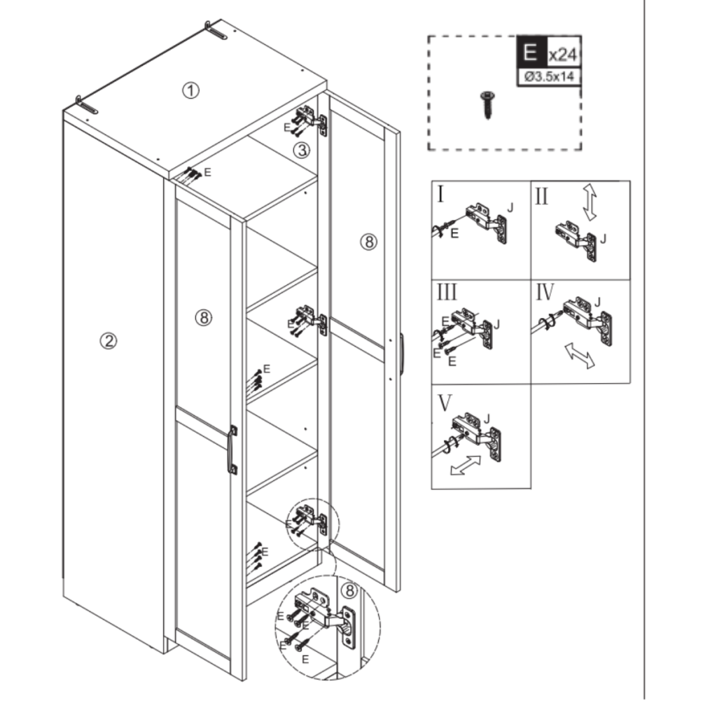 Instruction diagram attaching cabinet doors with hinges and screws