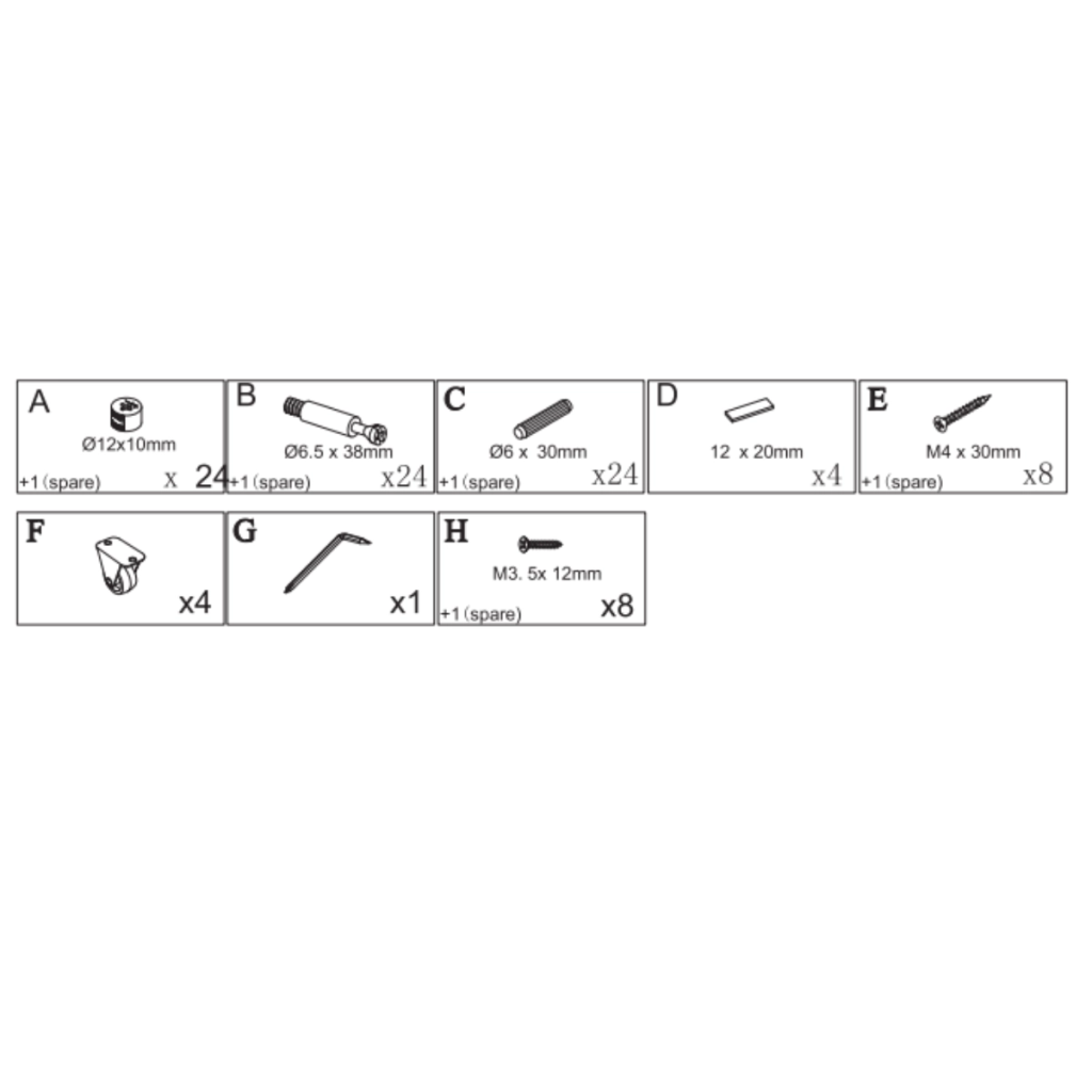 Detailed view of all hardware parts including screws, dowels, cam locks, and wheels.