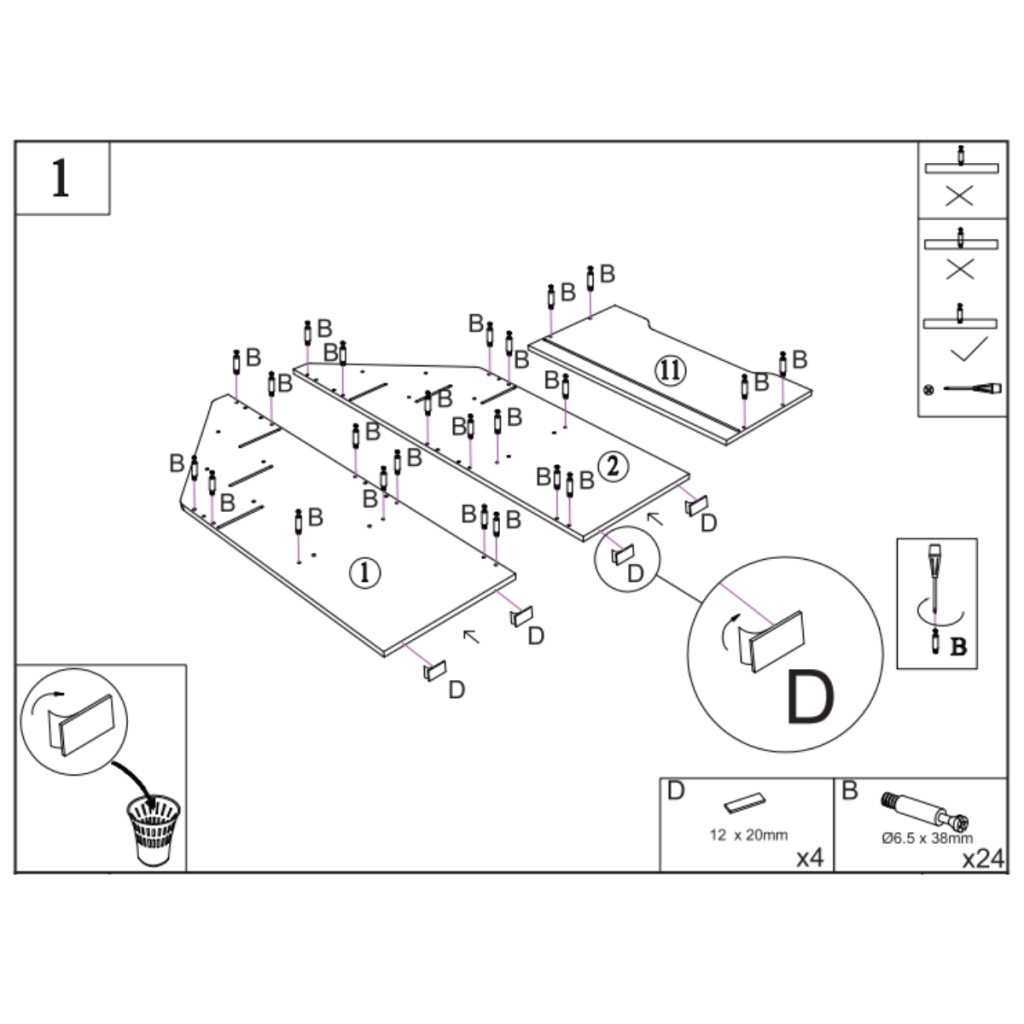 Cam bolts and metal connectors installed into side and front panels.