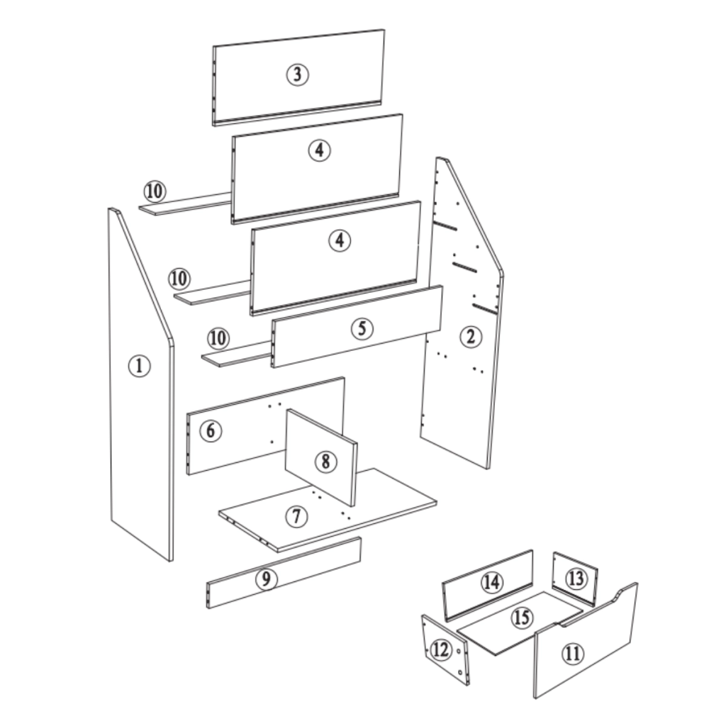 Numbered parts layout showing side panels, shelves, drawer, and dividers.