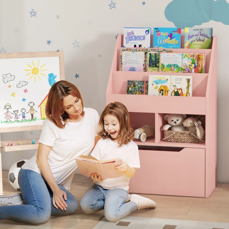 Mother and daughter enjoying reading time beside a pink bookcase filled with books and toys.