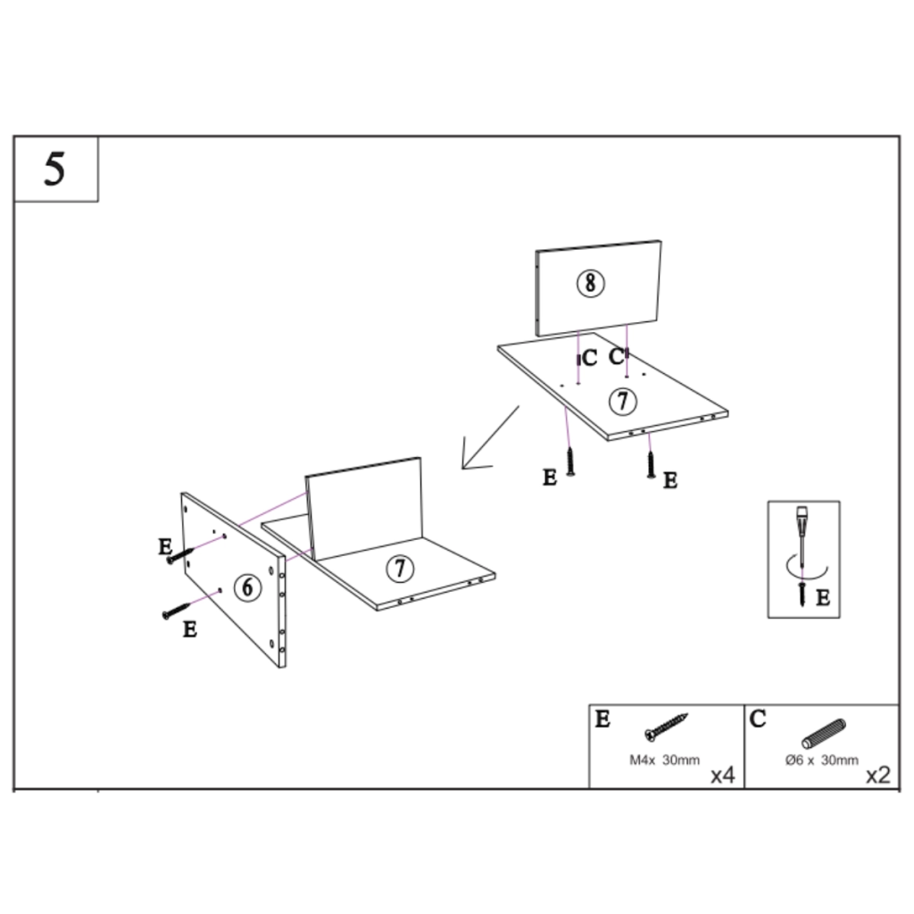 Step showing divider and back panels connected to the base using screws and dowels.