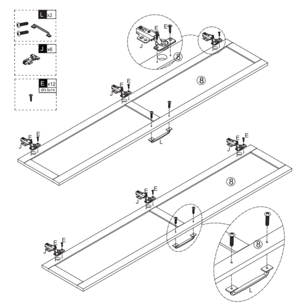 Instruction diagram attaching hinges and handles to cabinet doors