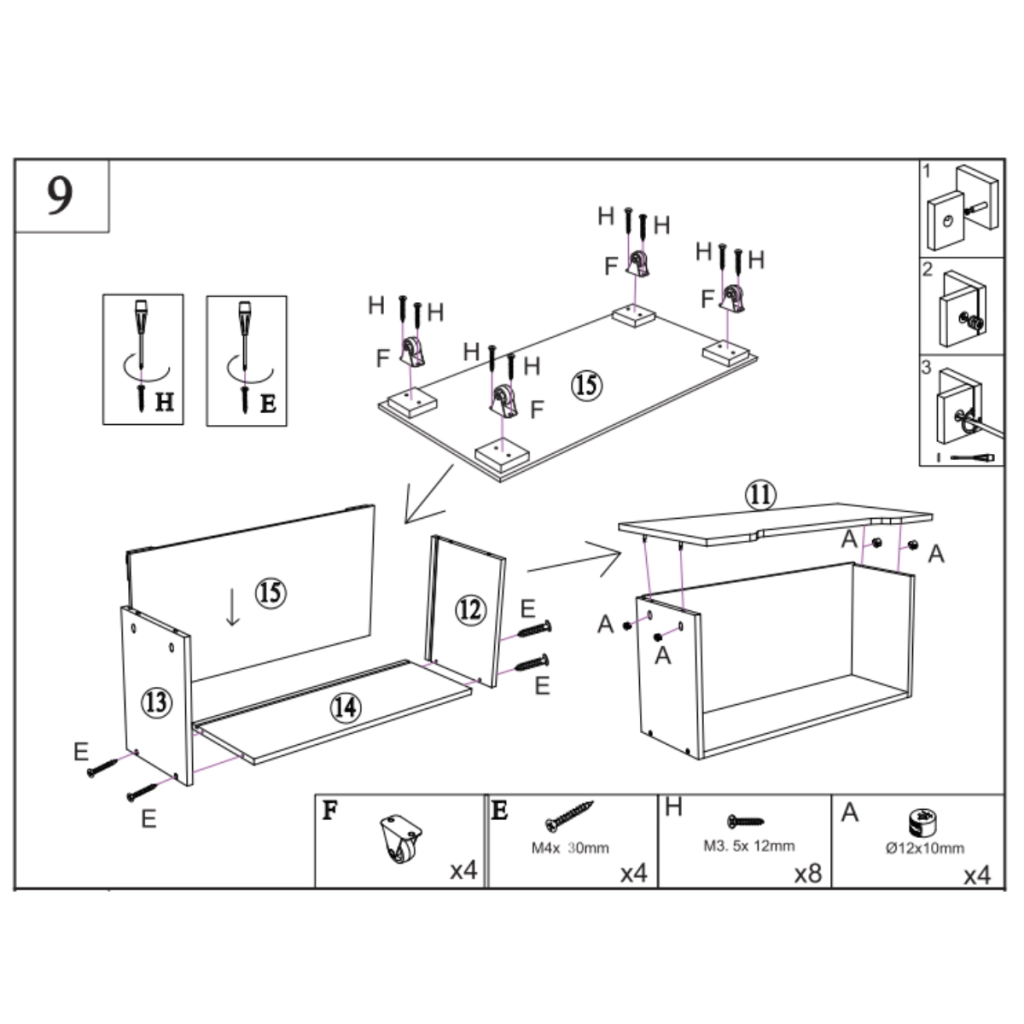 Drawer setup showing side panels, bottom panel, and wheels being attached securely.