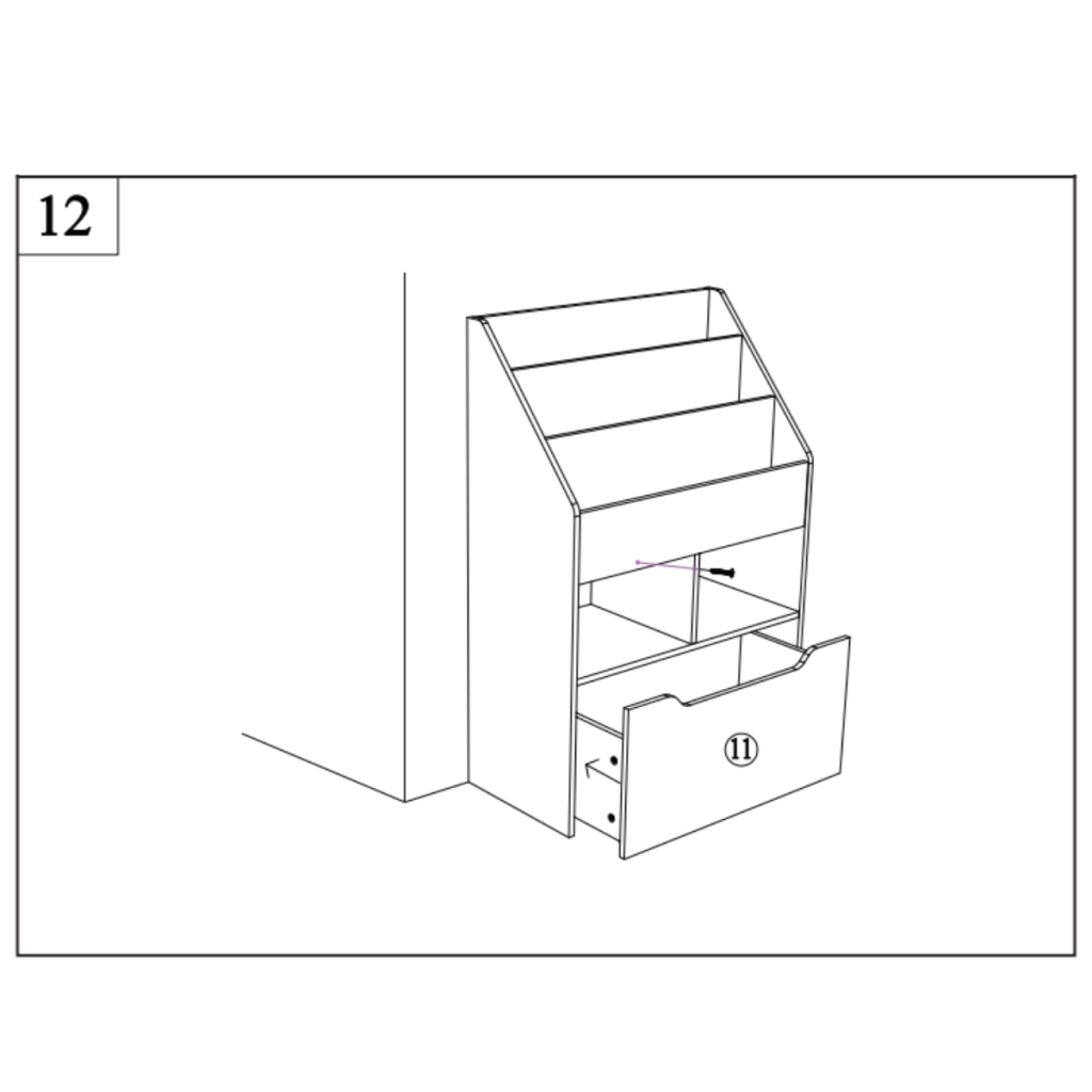 Fully assembled pink bookcase with drawer being inserted at bottom.