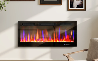 Wall-mounted electric fireplace with colorful LED flame display.