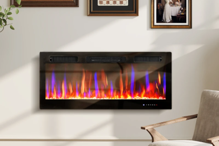 Wall-mounted electric fireplace with colorful LED flame display.