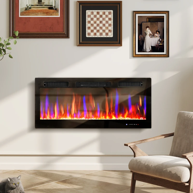 Wall-mounted electric fireplace with colorful LED flame display.