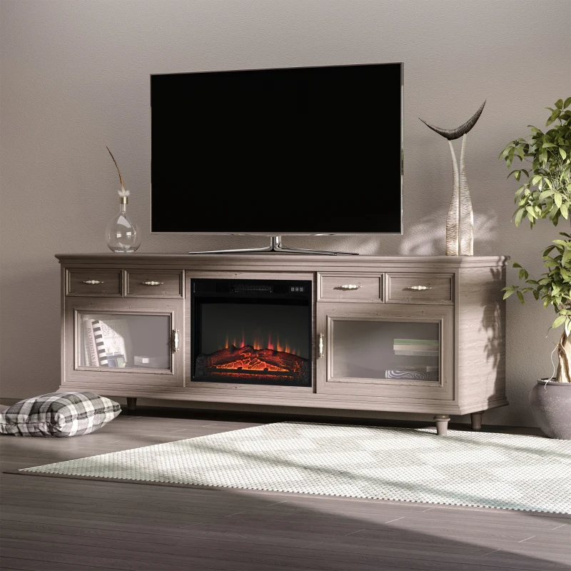 Built-in electric fireplace insert with realistic log flame display.