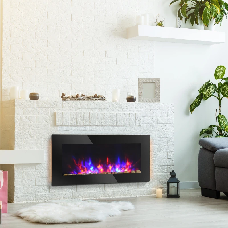 Black wall-mounted electric fireplace glowing with blue and red flames.
