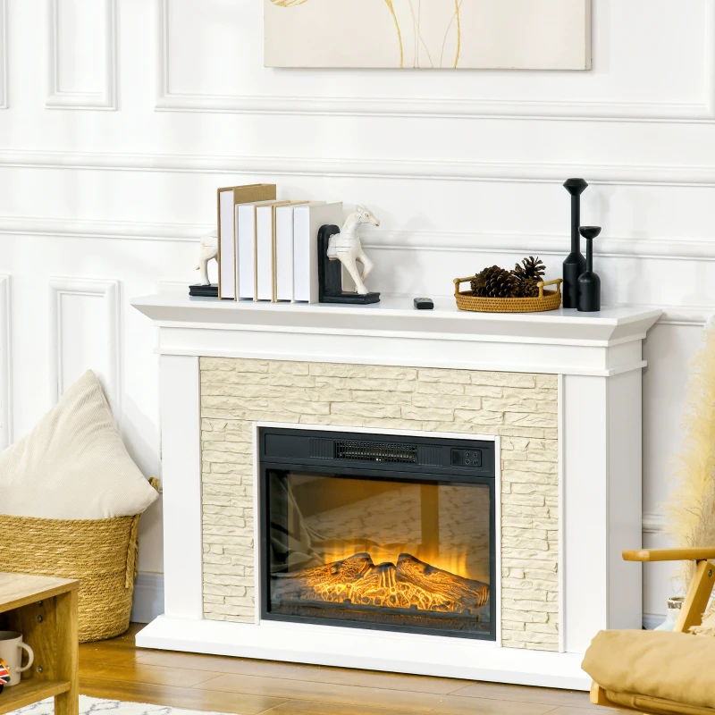White stone-style mantel electric fireplace with soft orange flames.
