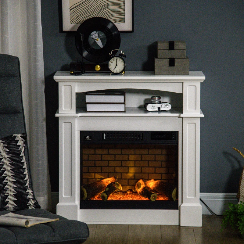 Brown mantel electric fireplace with décor in cozy living room.