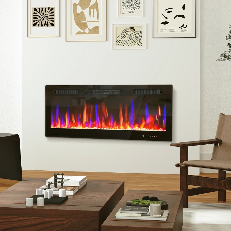 Wall-mounted electric fireplace showing blue and orange LED flames.