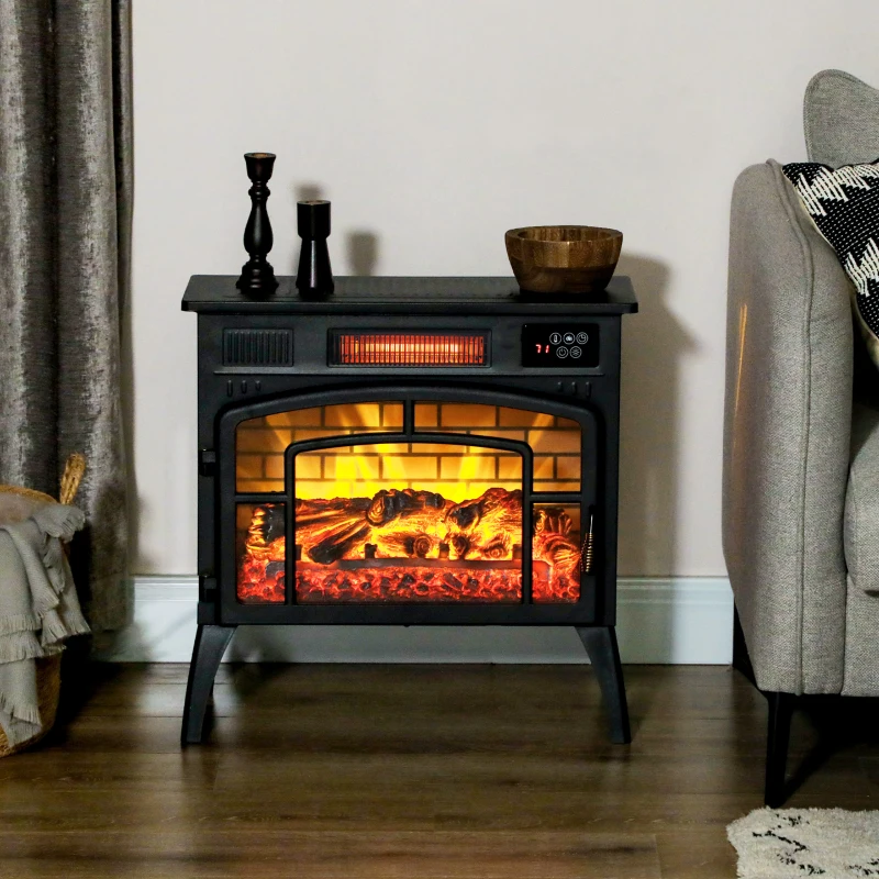 Infrared black electric fireplace stove with glowing logs and flame.