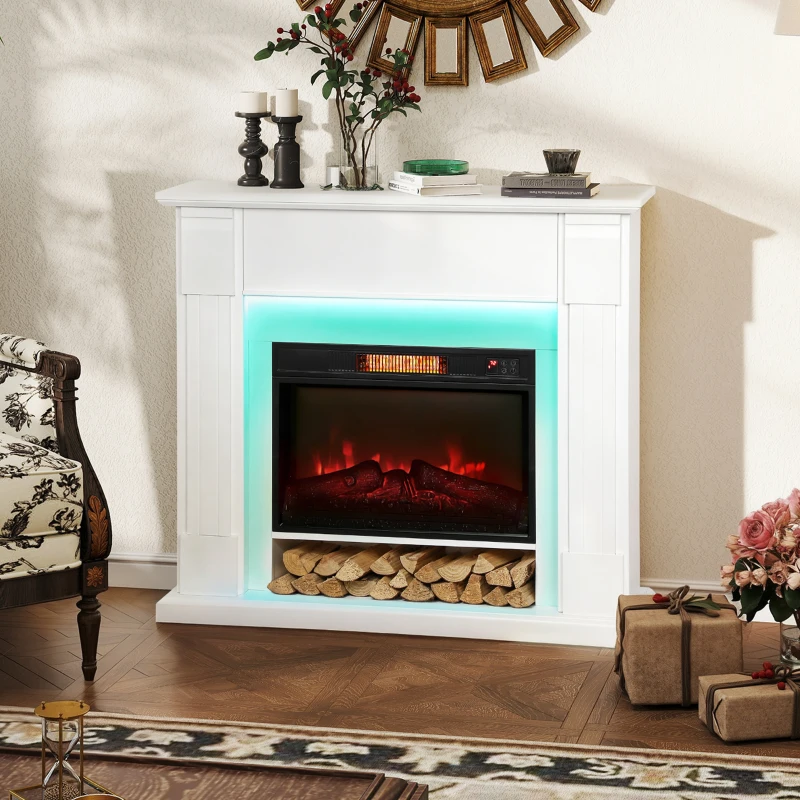 White mantel electric fireplace with glowing red flame and teal light.