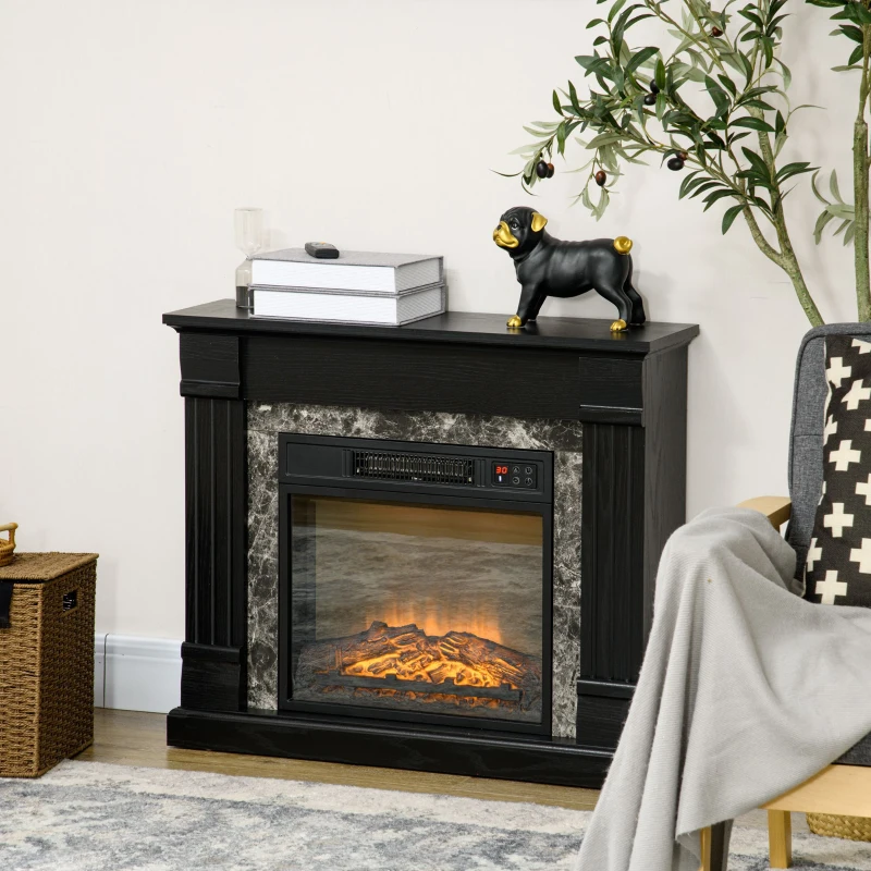 Black mantel electric fireplace glowing warmly beside sofa and décor.