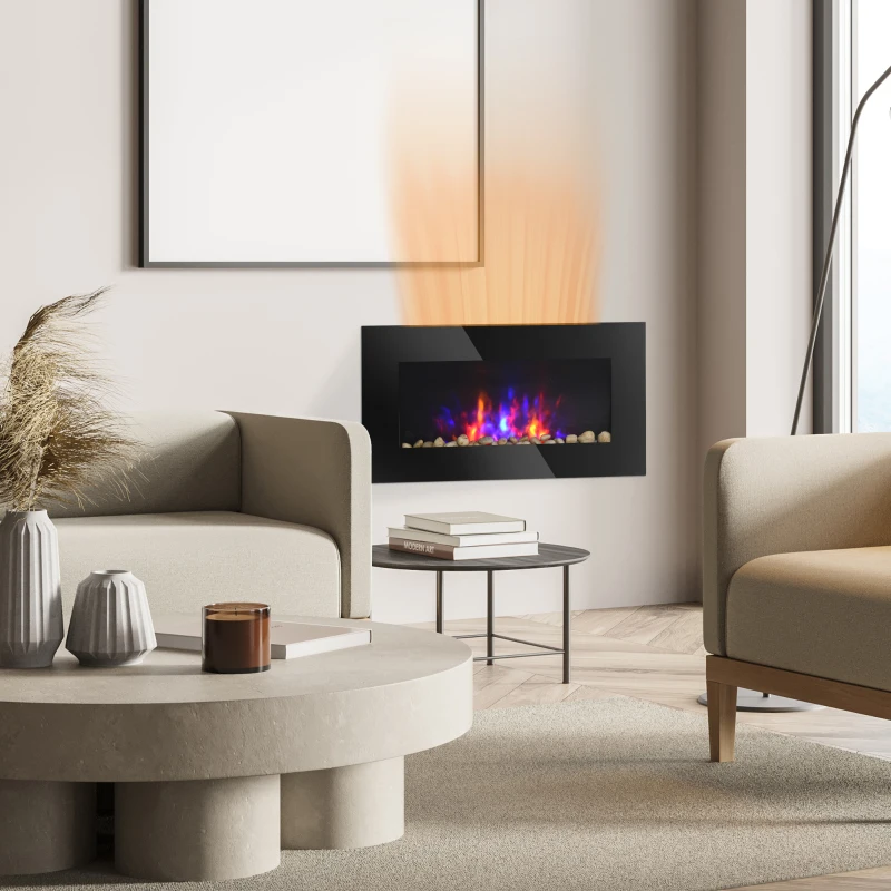 Modern wall-mounted electric fireplace with colorful LED flames in living room.