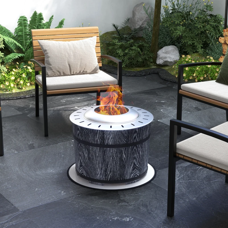 Modern smokeless fire pit with flame surrounded by patio chairs