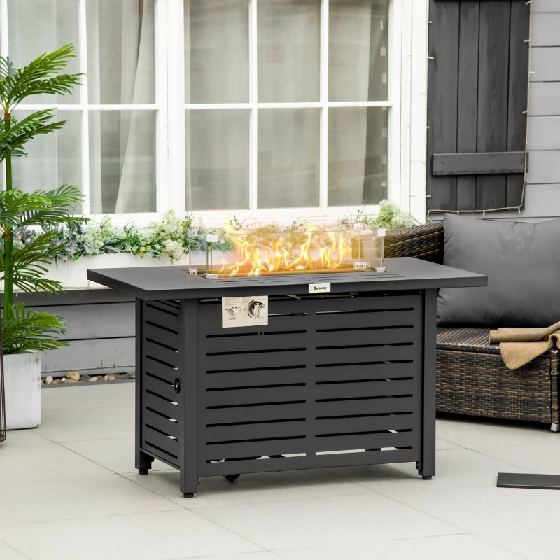 Modern black fire pit table with flame glass protector