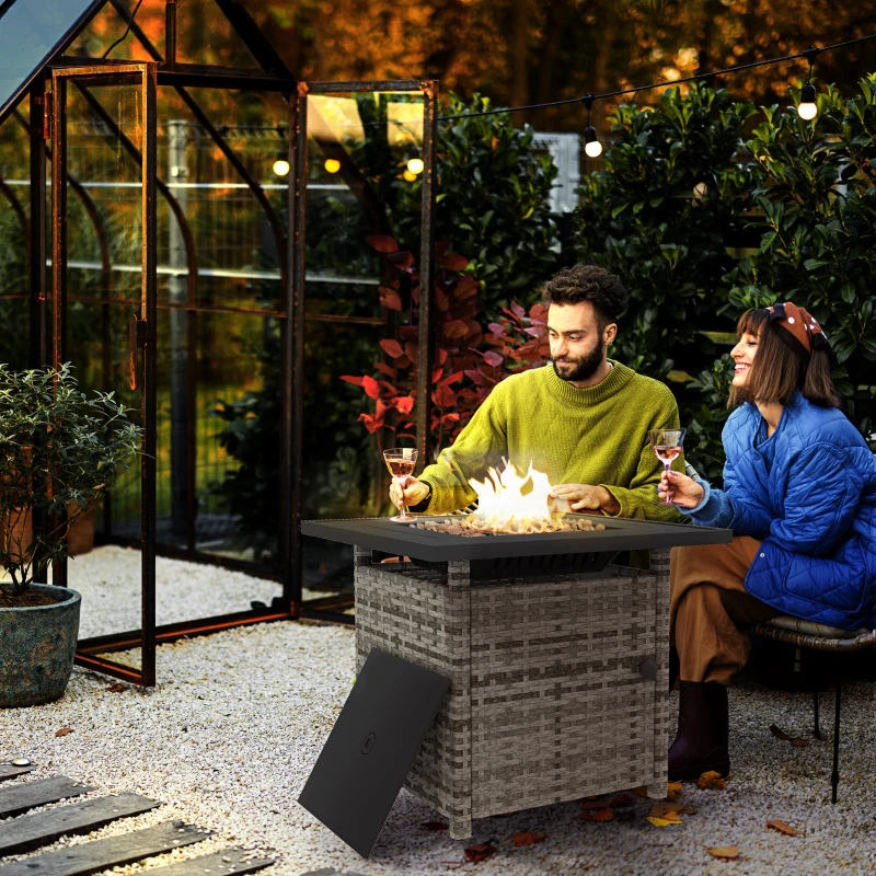 Rattan gas fire pit table with glass top and seating