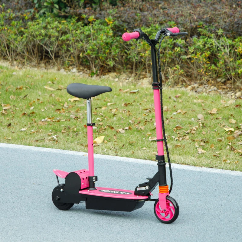 Pink electric scooter with seat parked on smooth outdoor pathway.